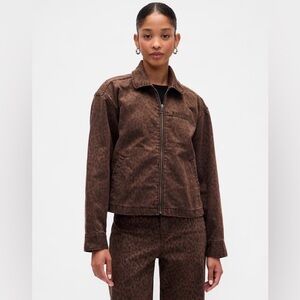 Gap Cropped Leopard Print Denim Chore Jean Jacket Coat NWOT S BoHo Mob Wife